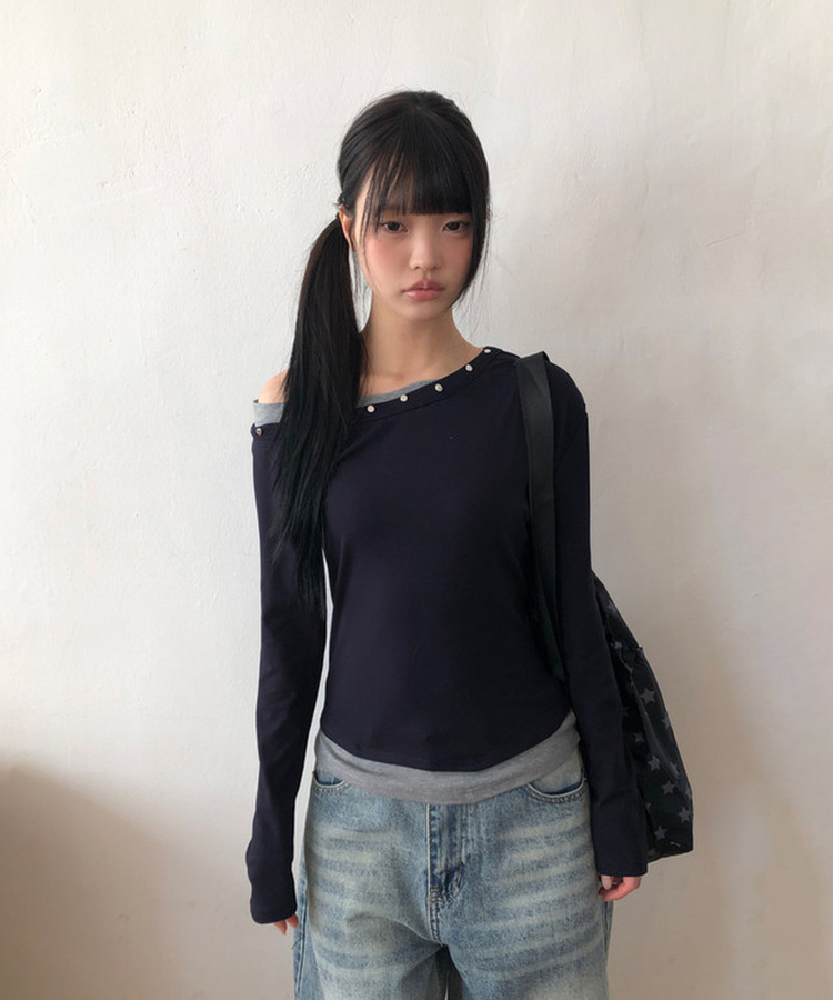 アンバランススタッドワンショルTシャツ(5color) NAVY