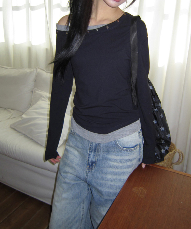 アンバランススタッドワンショルTシャツ(5color) NAVY