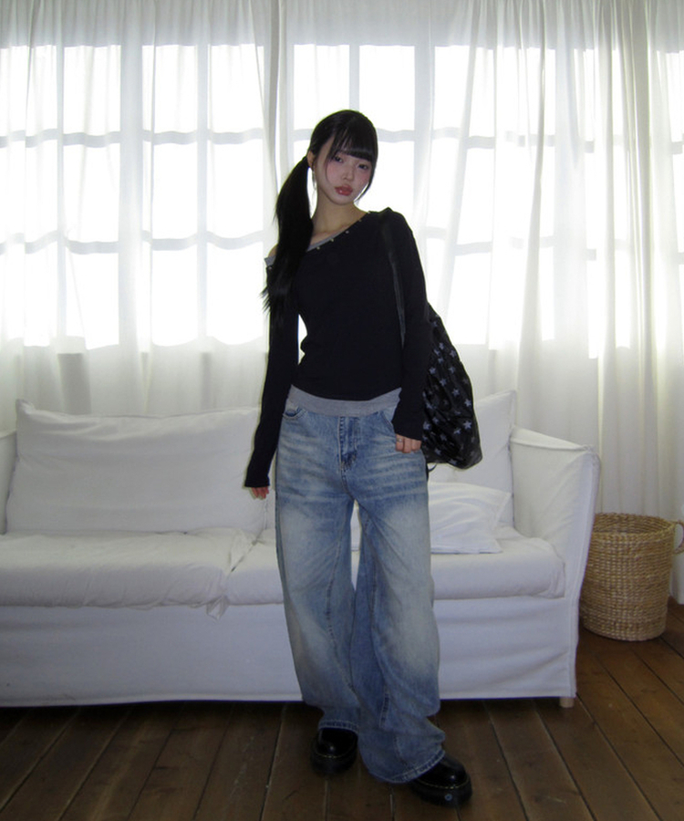 アンバランススタッドワンショルTシャツ(5color) NAVY