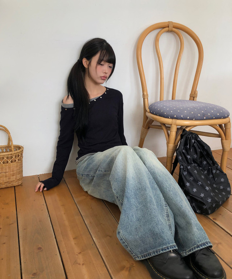 アンバランススタッドワンショルTシャツ(5color) NAVY