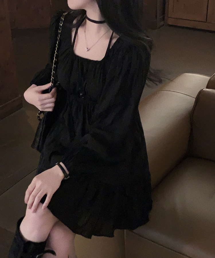 리치 초커세트 주름 콩단추 미니 원피스 블랙