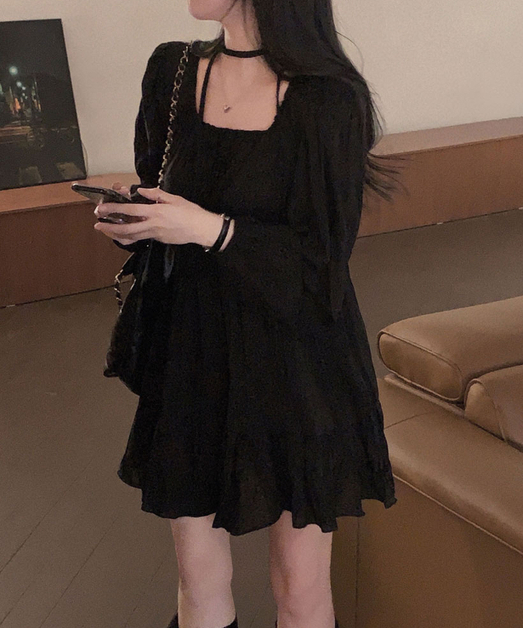 리치 초커세트 주름 콩단추 미니 원피스 블랙