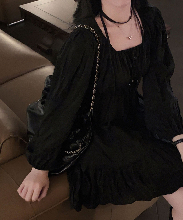 리치 초커세트 주름 콩단추 미니 원피스 블랙