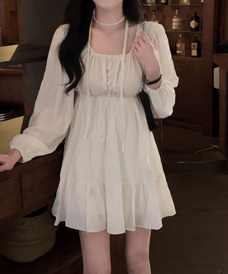 리치 초커세트 주름 콩단추 미니 원피스 크림