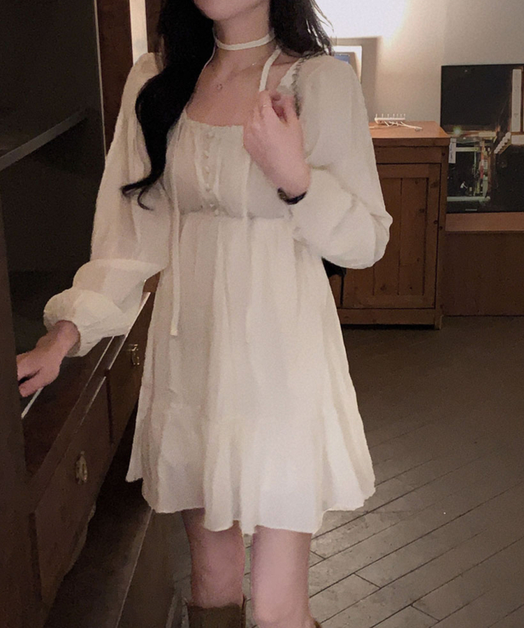 리치 초커세트 주름 콩단추 미니 원피스 크림