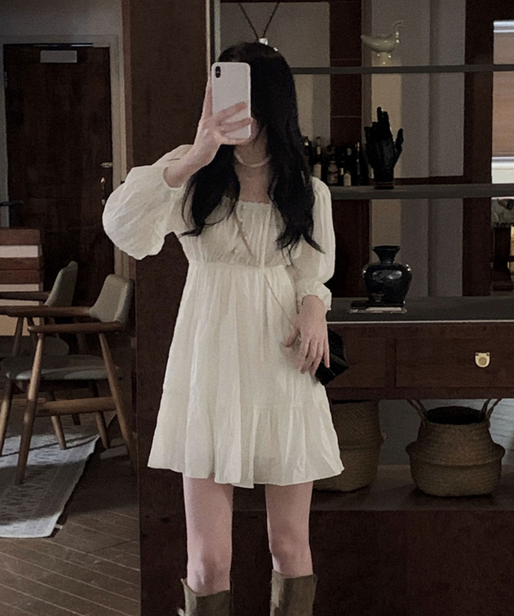 리치 초커세트 주름 콩단추 미니 원피스 크림