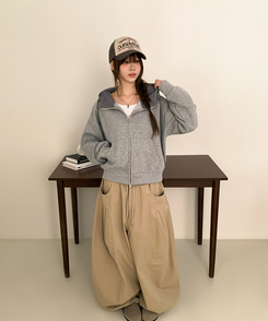 チェックセミクロップフードジップアップ GREY