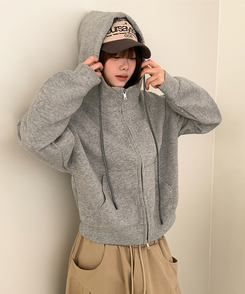 チェックセミクロップフードジップアップ GREY