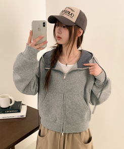 チェックセミクロップフードジップアップ GREY