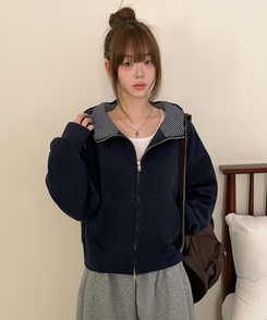 チェックセミクロップフードジップアップ NAVY