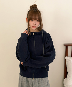 チェックセミクロップフードジップアップ NAVY