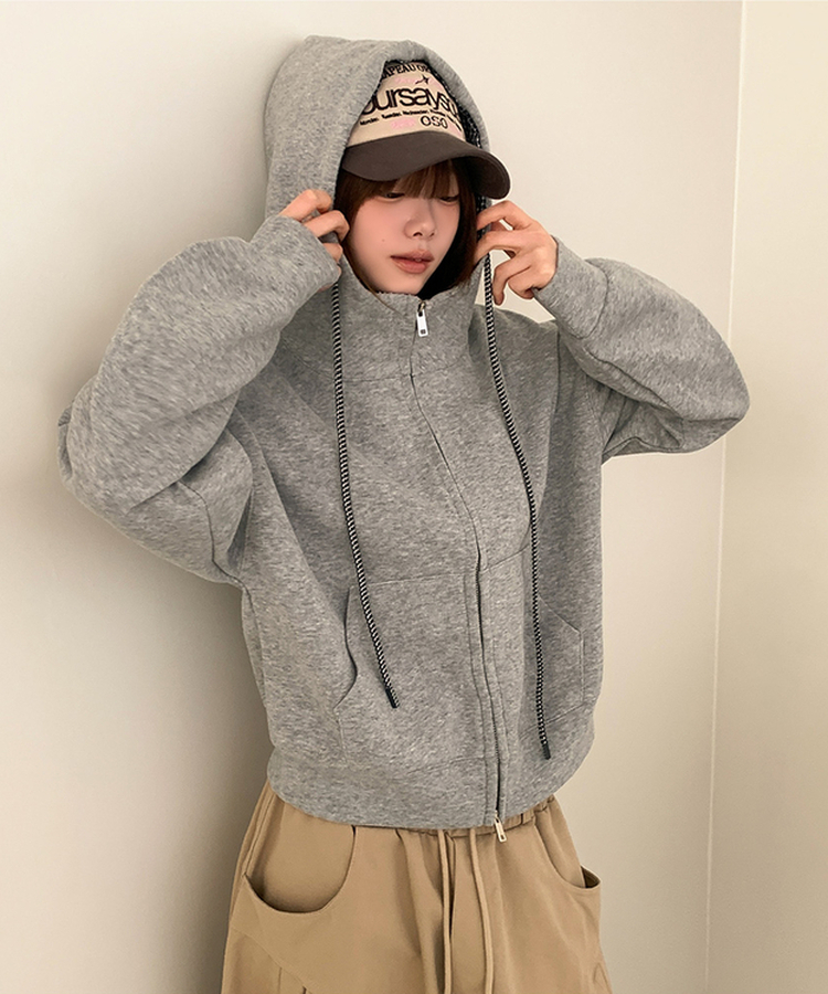 チェックセミクロップフードジップアップ GREY