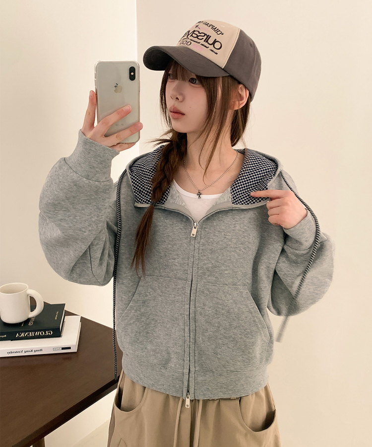 チェックセミクロップフードジップアップ GREY