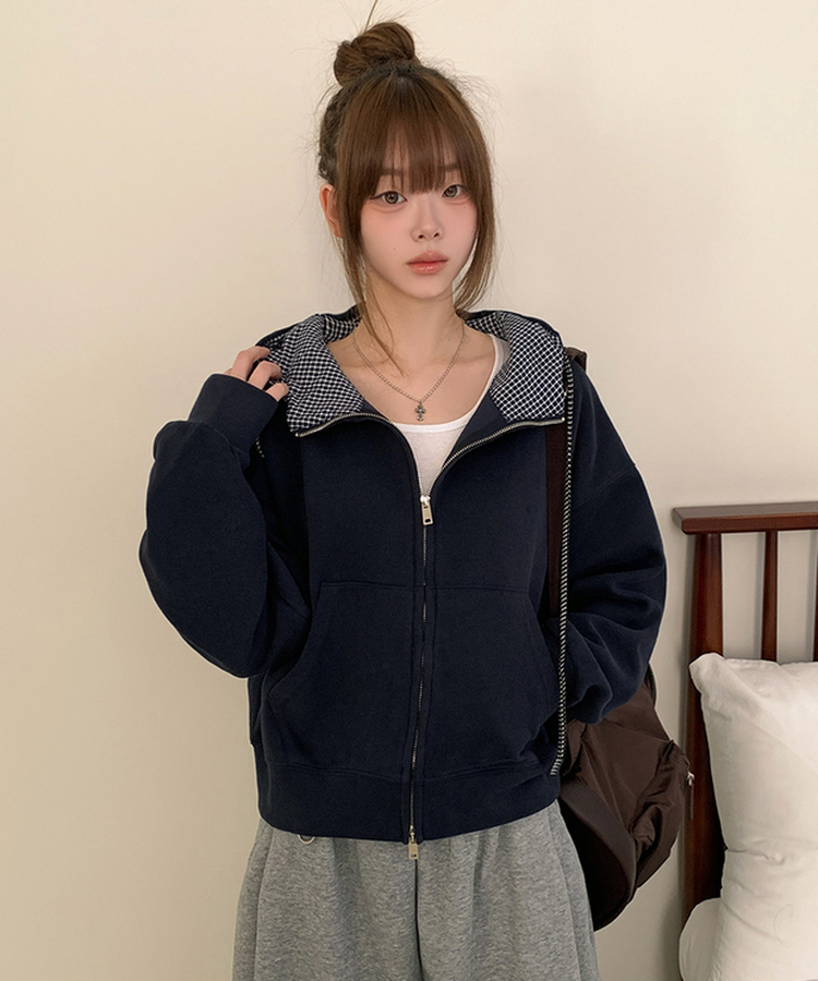 チェックセミクロップフードジップアップ NAVY