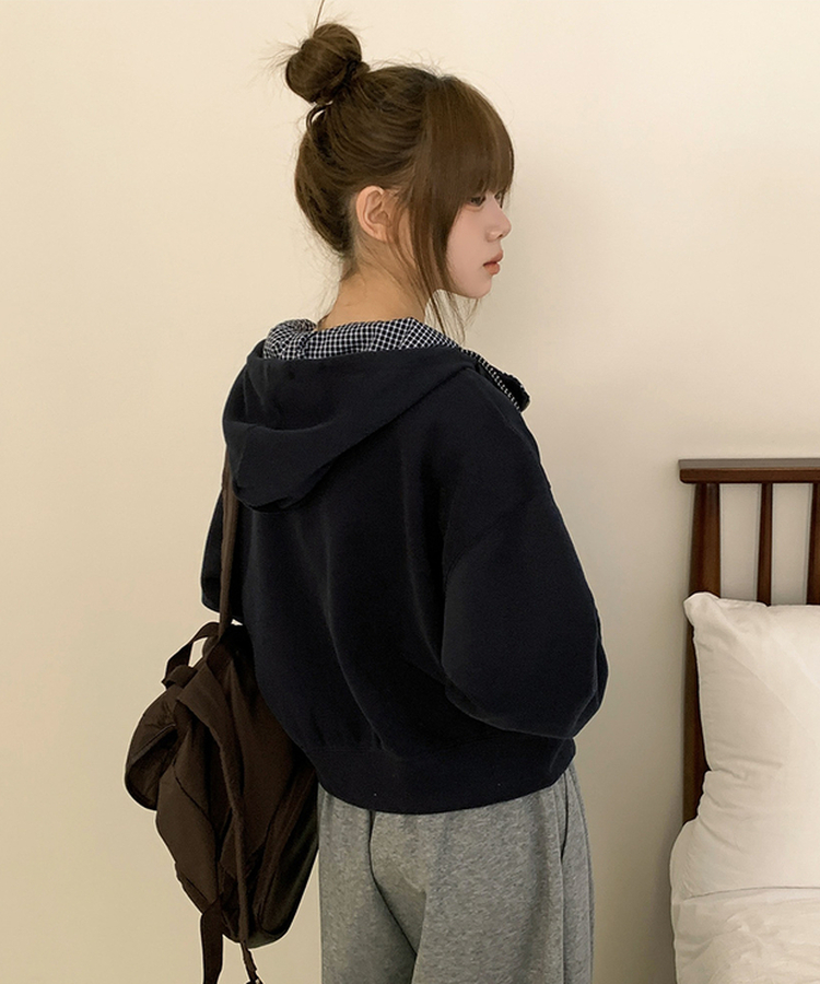 チェックセミクロップフードジップアップ NAVY