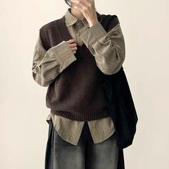 【SET】ストライプシャツ ニットベスト BROWN