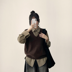 【SET】ストライプシャツ ニットベスト BROWN