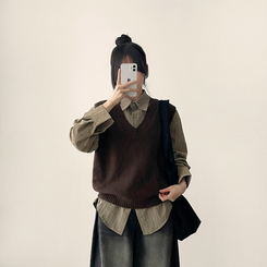 【SET】ストライプシャツ ニットベスト BROWN