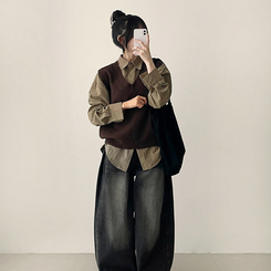 【SET】ストライプシャツ ニットベスト BROWN