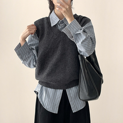 【SET】ストライプシャツ ニットベスト GREY