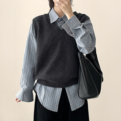 【SET】ストライプシャツ ニットベスト GREY