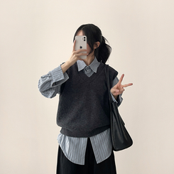 【SET】ストライプシャツ ニットベスト GREY