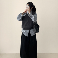 【SET】ストライプシャツ ニットベスト GREY