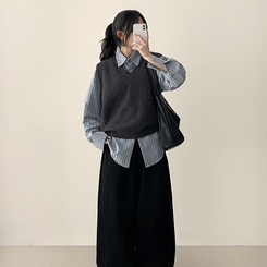 【SET】ストライプシャツ ニットベスト GREY