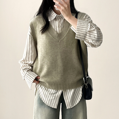 【SET】ストライプシャツ ニットベスト BEIGE