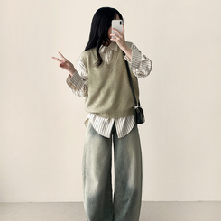 【SET】ストライプシャツ ニットベスト BEIGE