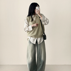 【SET】ストライプシャツ ニットベスト BEIGE