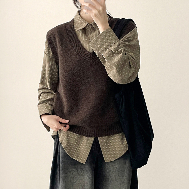 【SET】ストライプシャツ ニットベスト BROWN