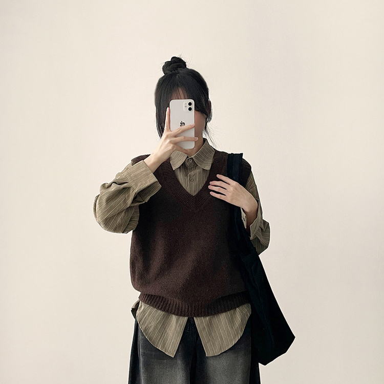 【SET】ストライプシャツ ニットベスト BROWN