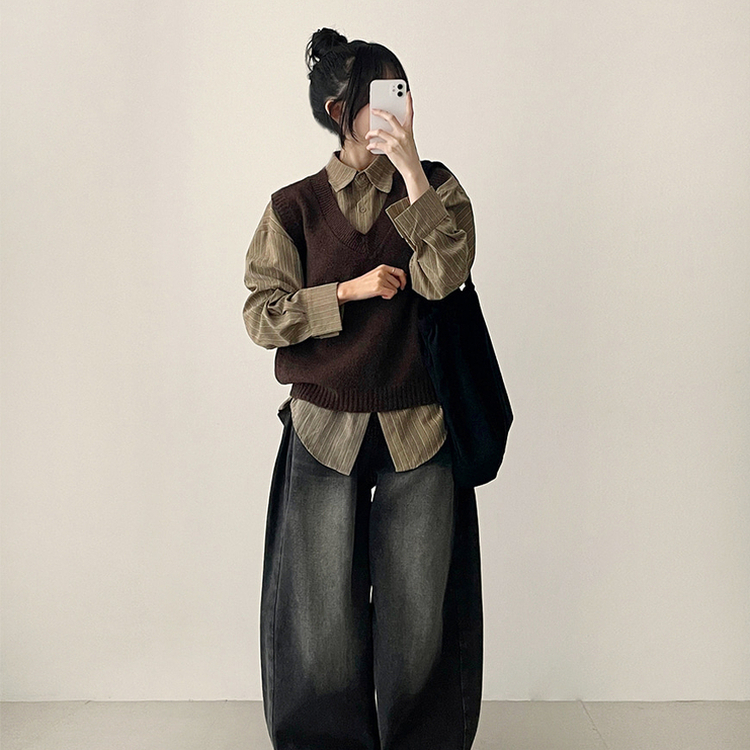 【SET】ストライプシャツ ニットベスト BROWN