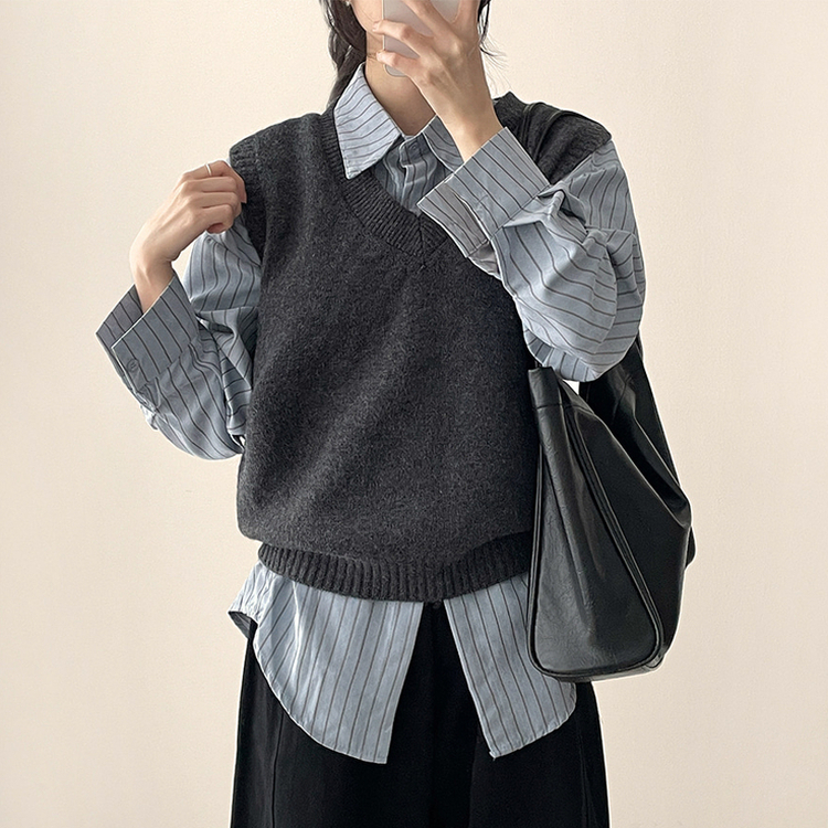 【SET】ストライプシャツ ニットベスト GREY