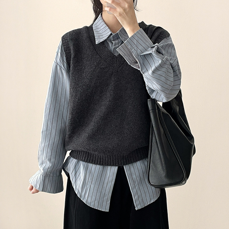 【SET】ストライプシャツ ニットベスト GREY