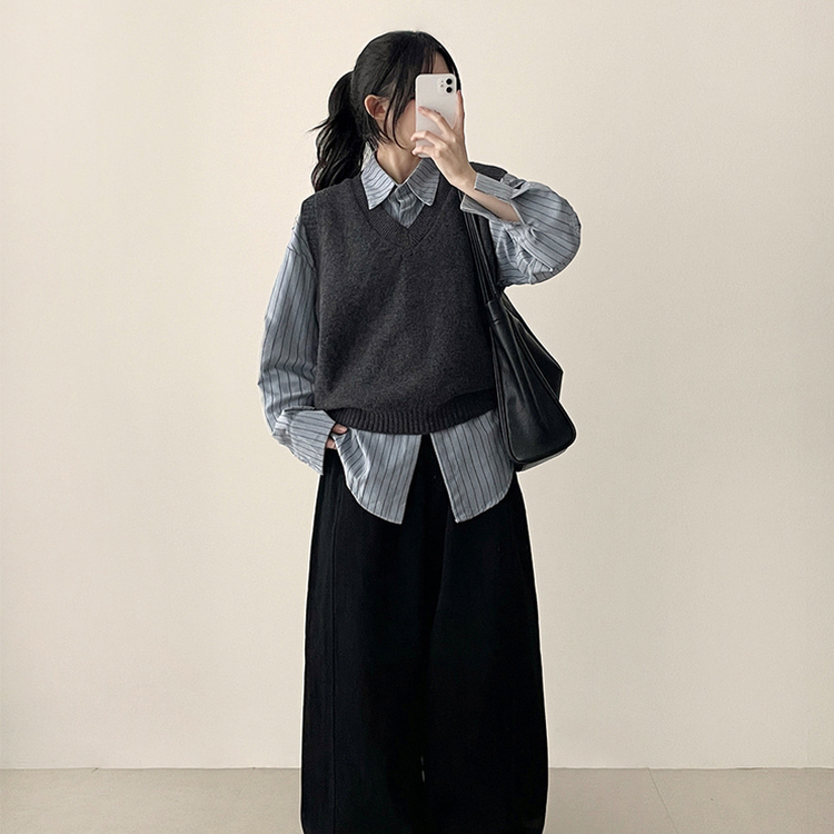 【SET】ストライプシャツ ニットベスト GREY