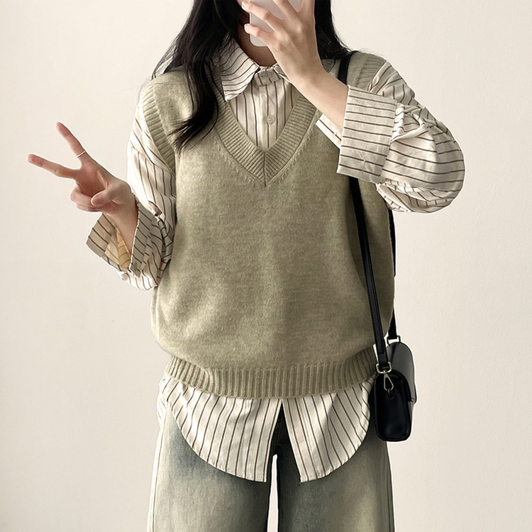 【SET】ストライプシャツ ニットベスト BEIGE