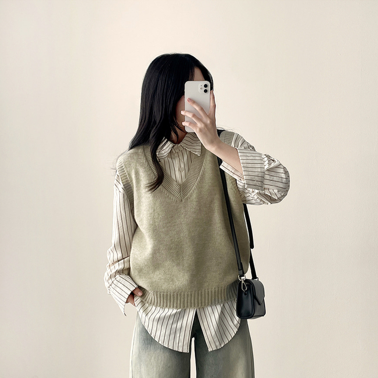 【SET】ストライプシャツ ニットベスト BEIGE