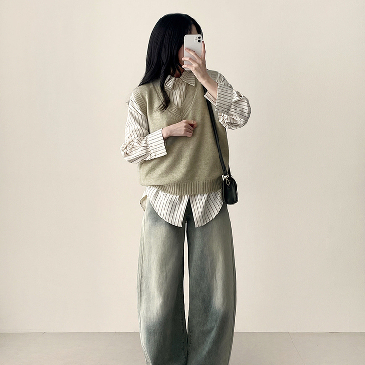 【SET】ストライプシャツ ニットベスト BEIGE