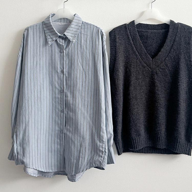 【SET】ストライプシャツ ニットベスト
