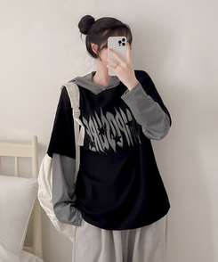 レイヤードフード長袖Tシャツ(5color) BLACK