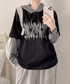 レイヤードフード長袖Tシャツ(5color) BLACK