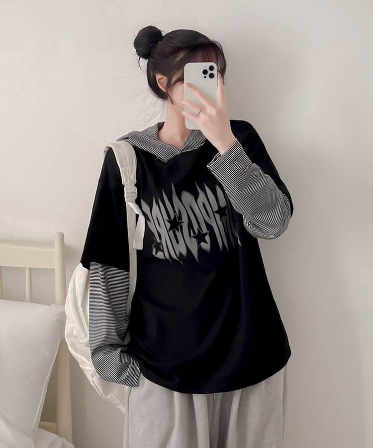 レイヤードフード長袖Tシャツ(5color) BLACK