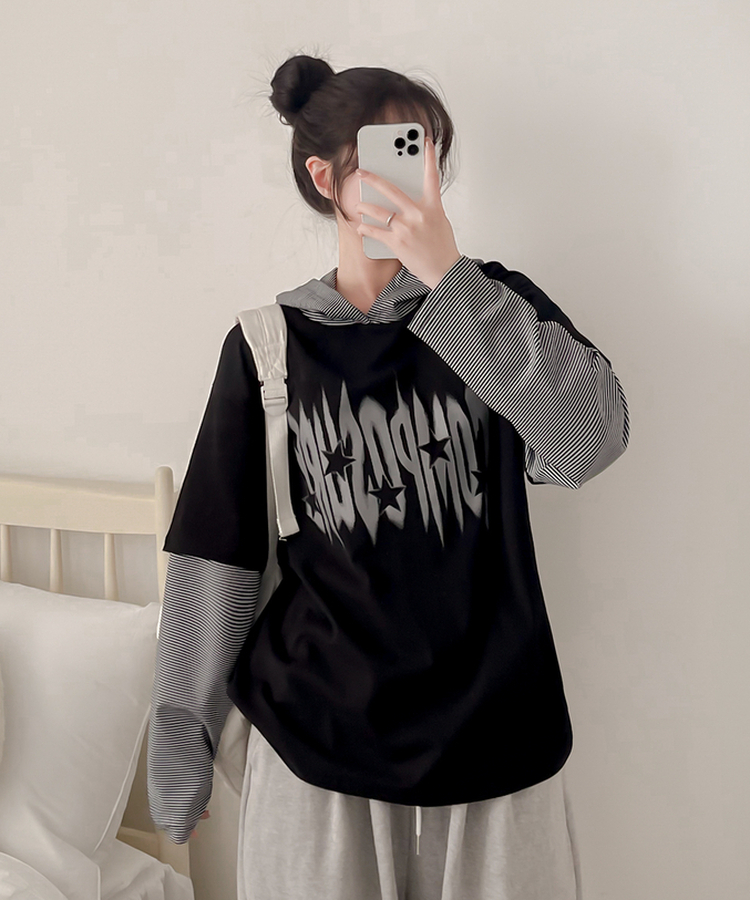 レイヤードフード長袖Tシャツ(5color) BLACK