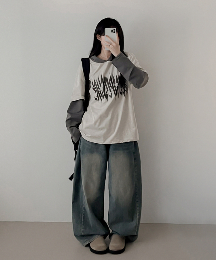 レイヤードフード長袖Tシャツ(5color) CREAM