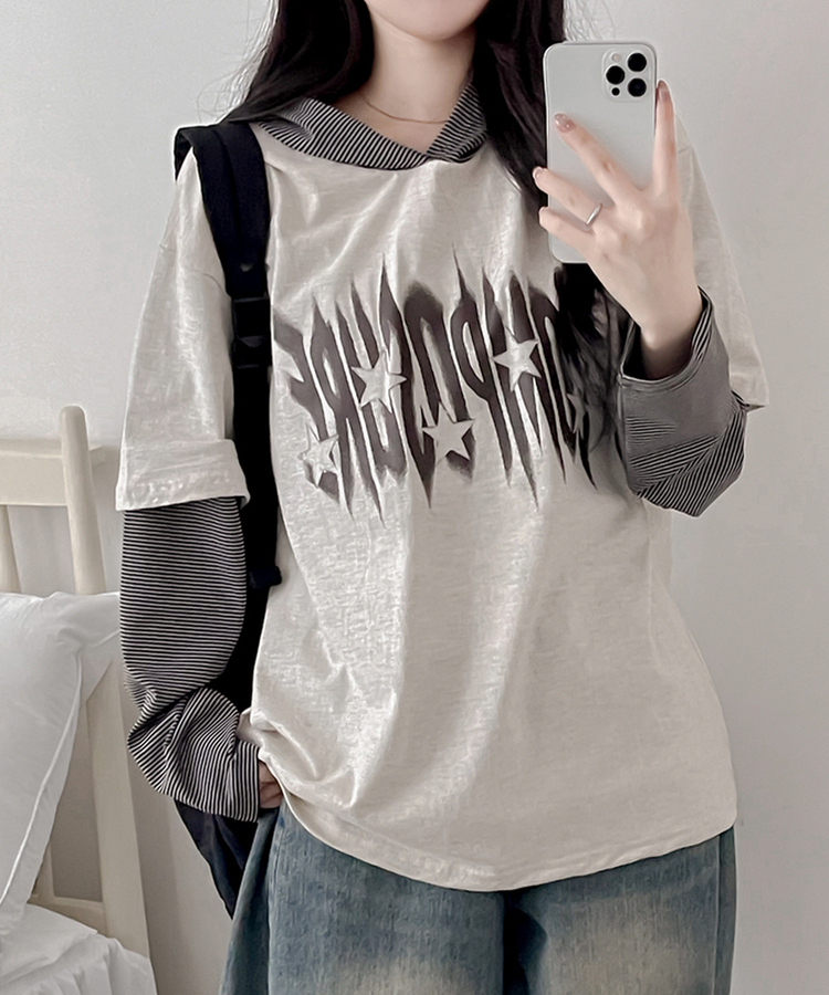 レイヤードフード長袖Tシャツ(5color) CREAM