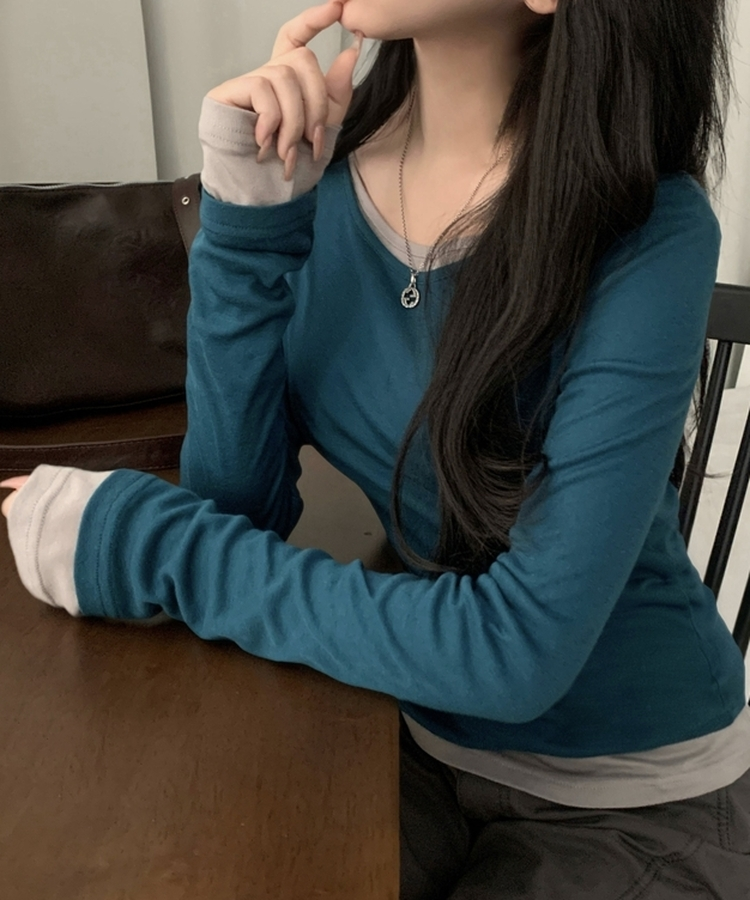 루머 뉴레이어드 텐셀 코튼 롱 슬리브 긴팔티셔츠 블루