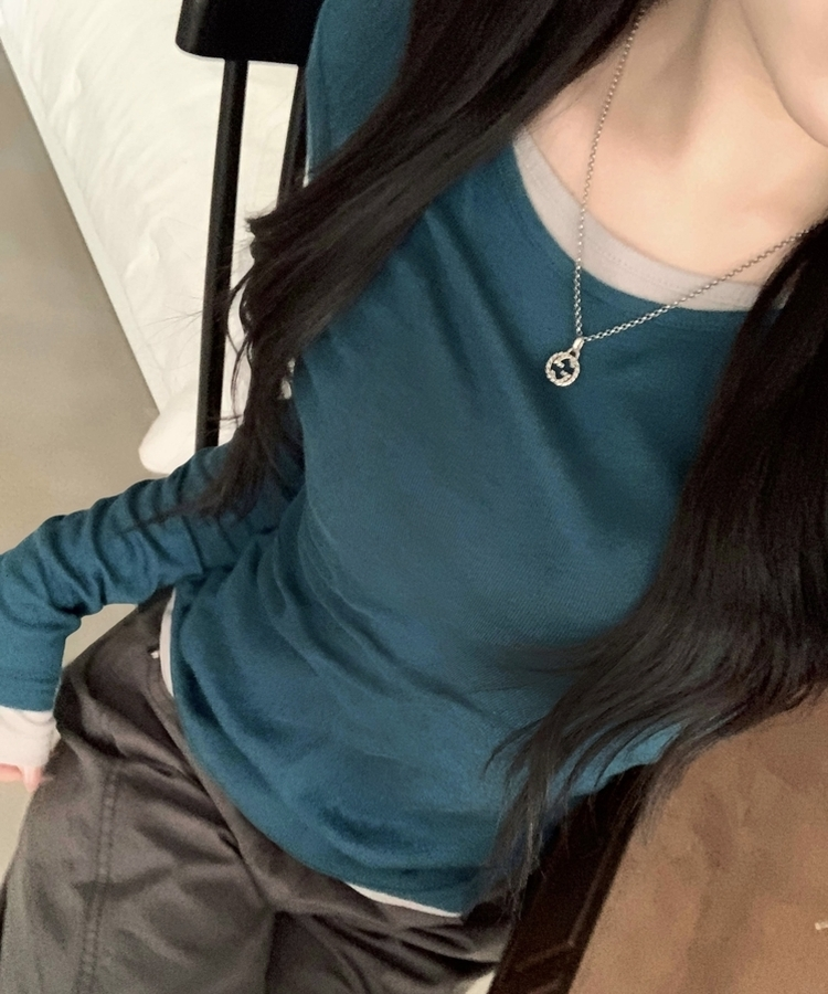 루머 뉴레이어드 텐셀 코튼 롱 슬리브 긴팔티셔츠 블루