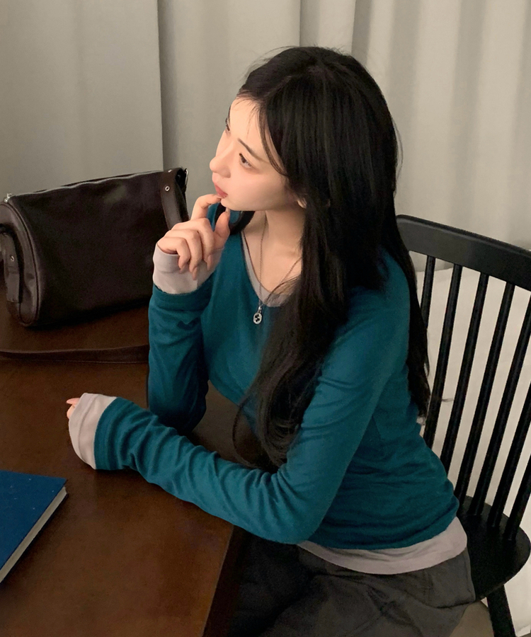 루머 뉴레이어드 텐셀 코튼 롱 슬리브 긴팔티셔츠 블루